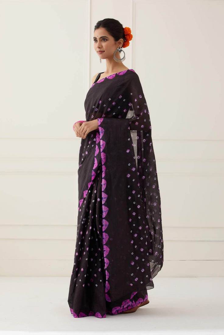 Black Hand Bandhani Silk Saree with Blouse