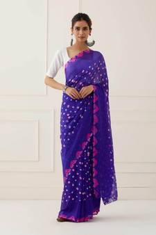 Blue Hand Bandhani Silk Saree with Blouse