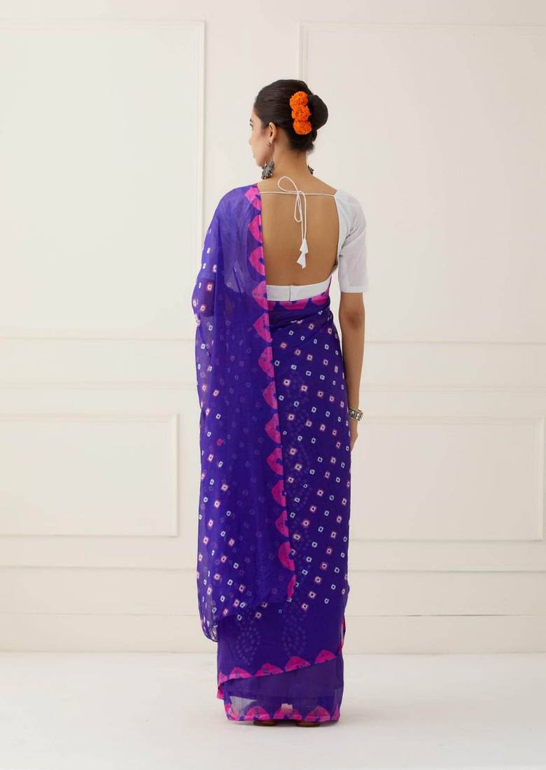 Blue Hand Bandhani Silk Saree with Blouse