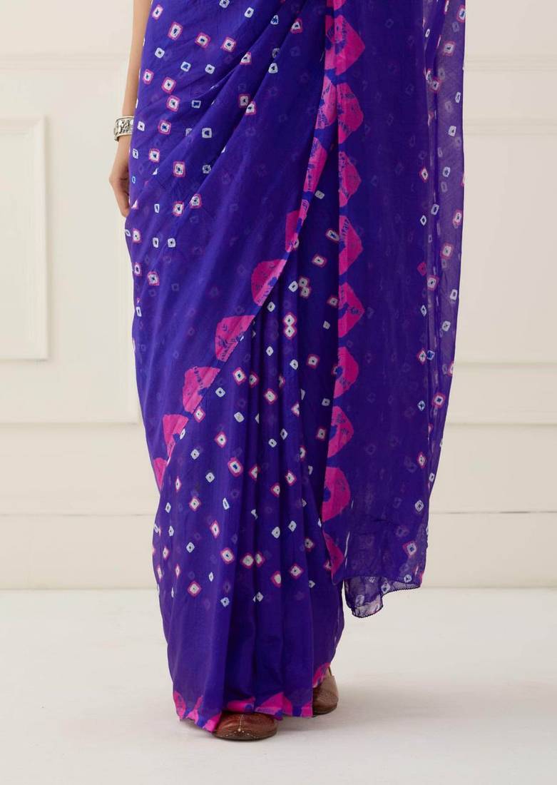 Blue Hand Bandhani Silk Saree with Blouse