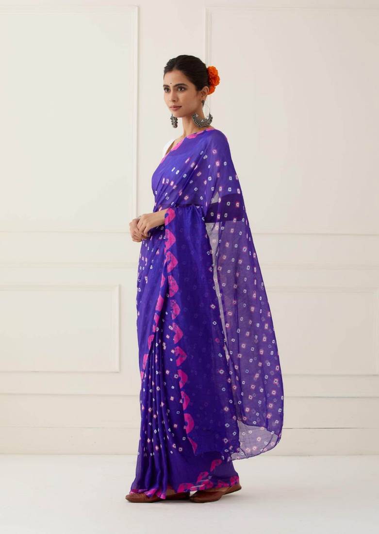 Blue Hand Bandhani Silk Saree with Blouse