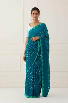 Turquoise Blue Hand Bandhani Silk Saree with Blouse