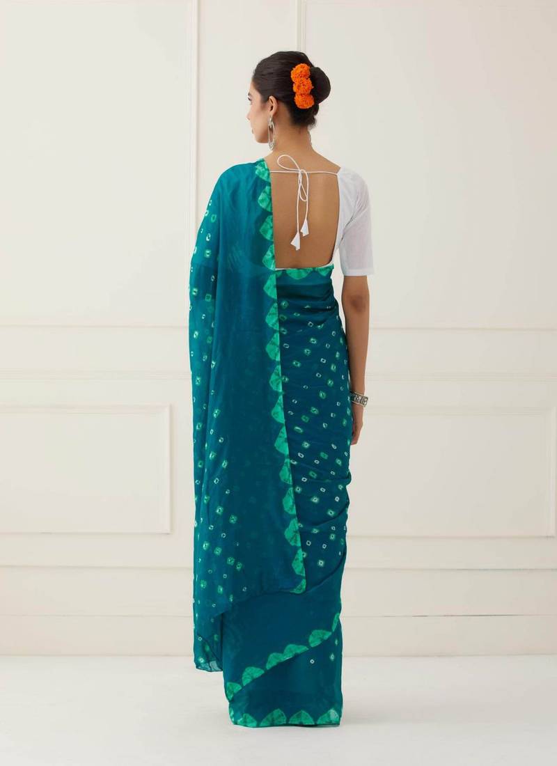 Turquoise Blue Hand Bandhani Silk Saree with Blouse