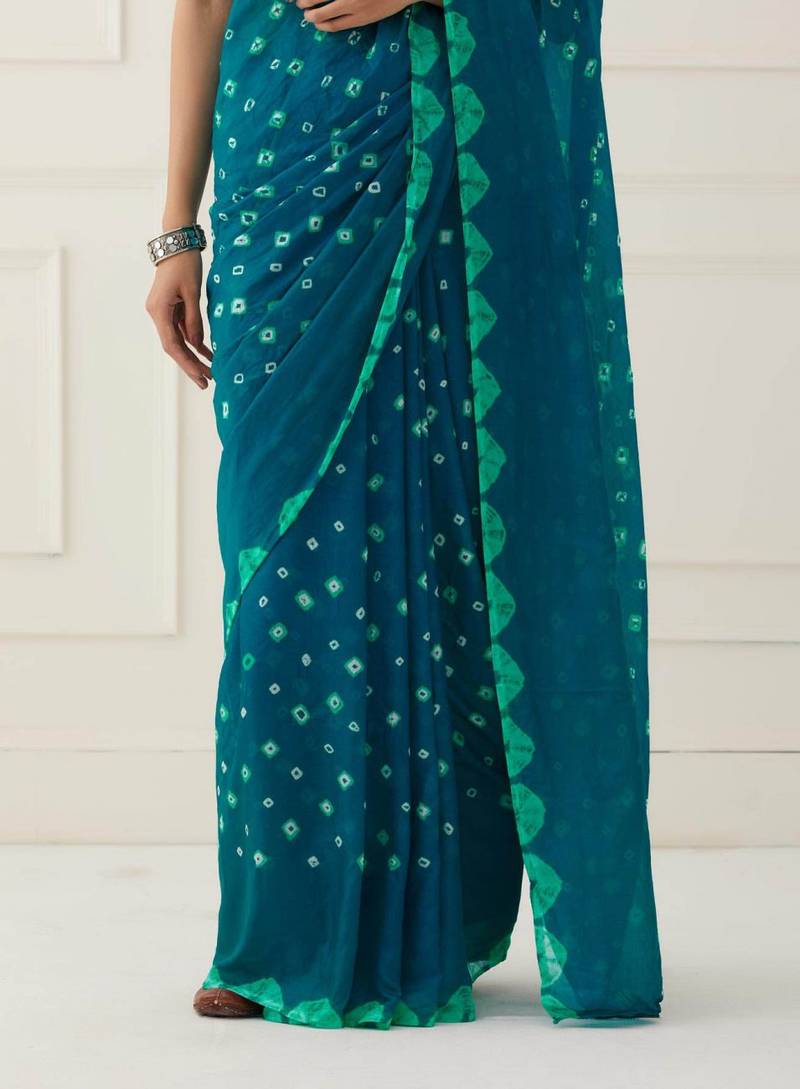 Turquoise Blue Hand Bandhani Silk Saree with Blouse