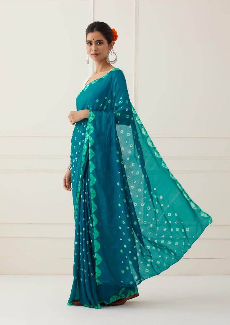 Turquoise Blue Hand Bandhani Silk Saree with Blouse