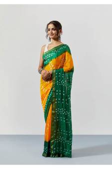 Yellow & Green Dyed Bandhani Silk Saree with Blouse