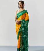 Yellow & Green Dyed Bandhani Silk Saree with Blouse