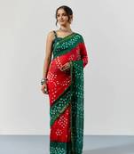 Green & Red Hand Dyed Bandhani Silk Saree with Blouse