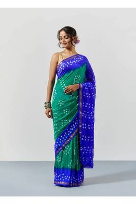 Blue & Green Dyed Bandhani Silk Saree with Blouse 1