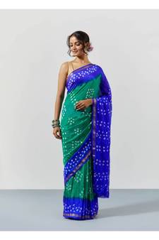 Blue & Green Dyed Bandhani Silk Saree with Blouse
