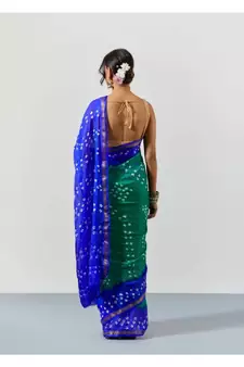 Blue & Green Dyed Bandhani Silk Saree with Blouse
