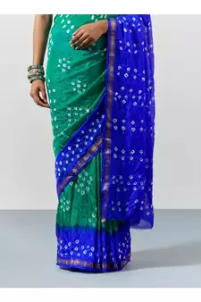 Blue & Green Dyed Bandhani Silk Saree with Blouse