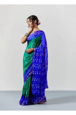 Blue & Green Dyed Bandhani Silk Saree with Blouse 4