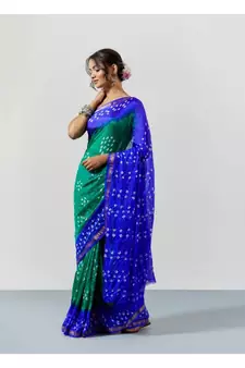 Blue & Green Dyed Bandhani Silk Saree with Blouse