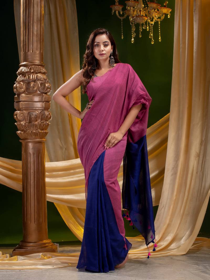 Multicolor hand woven pure cotton saree with blouse
