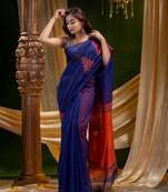 Blue hand woven silk cotton saree with blouse