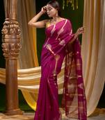 Magenta hand woven silk cotton saree with blouse