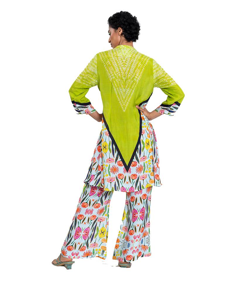 Triangle Shibori Floral Band Collar Kurta