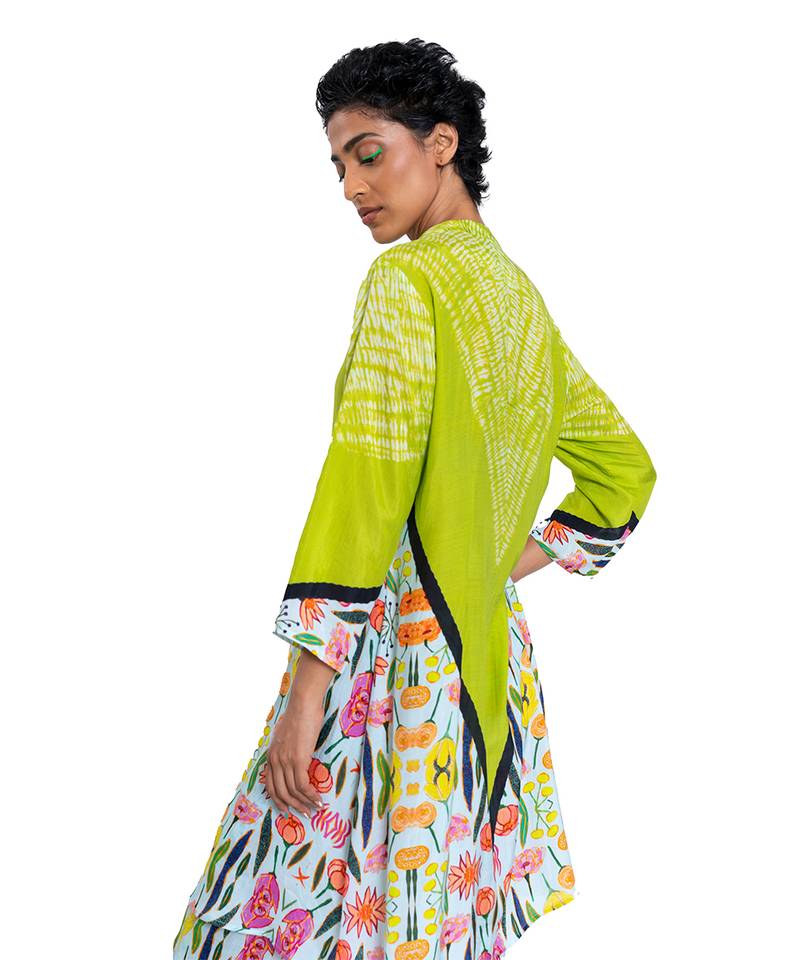 Triangle Shibori Floral Band Collar Kurta