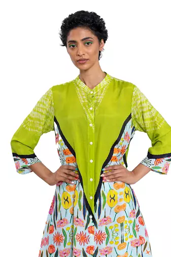 Triangle Shibori Floral Band Collar Kurta