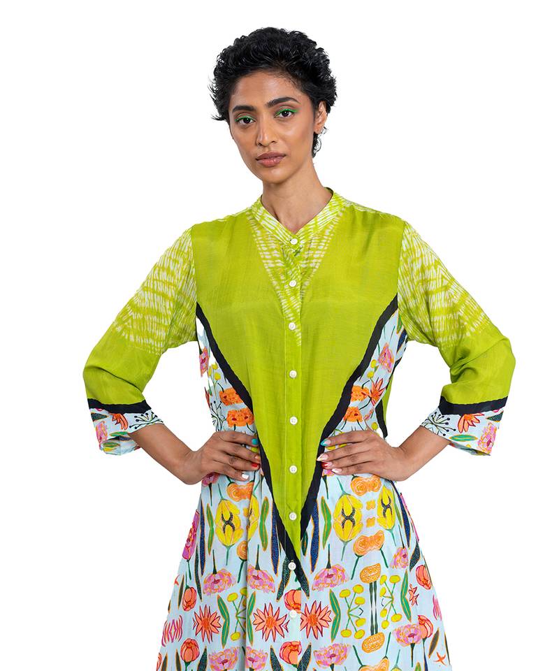 Triangle Shibori Floral Band Collar Kurta