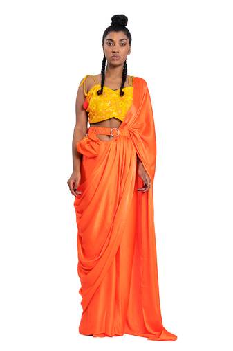 Neon Orange Satin Plain Saree With Blouse
