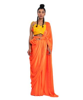 Neon Orange Satin Plain Saree With Blouse 1