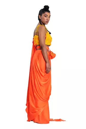 Neon Orange Satin Plain Saree With Blouse