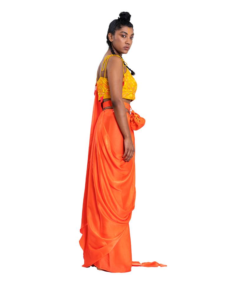 Neon Orange Satin Plain Saree With Blouse