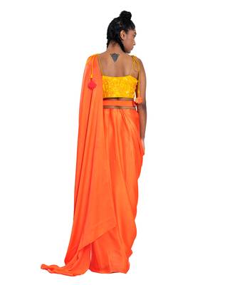 Neon Orange Satin Plain Saree With Blouse 3