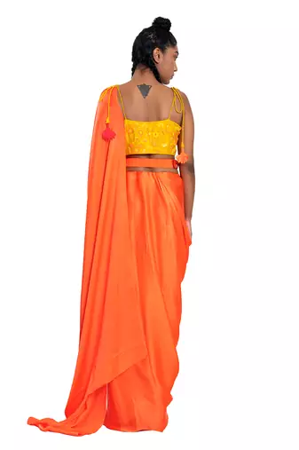 Neon Orange Satin Plain Saree With Blouse