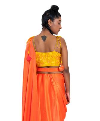 Neon Orange Satin Plain Saree With Blouse 4
