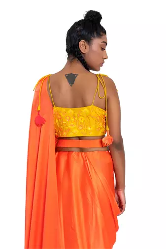 Neon Orange Satin Plain Saree With Blouse