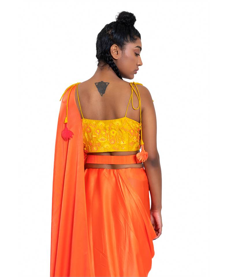 Neon Orange Satin Plain Saree With Blouse