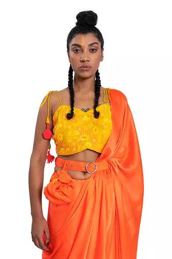 Neon Orange Satin Plain Saree With Blouse