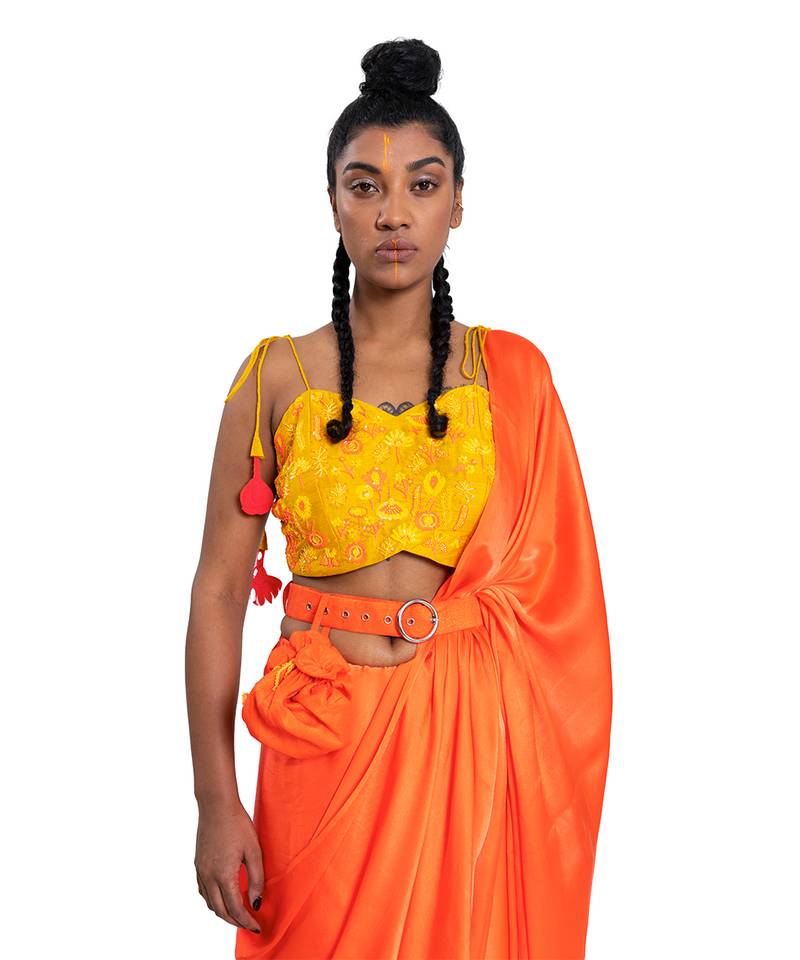 Neon Orange Satin Plain Saree With Blouse