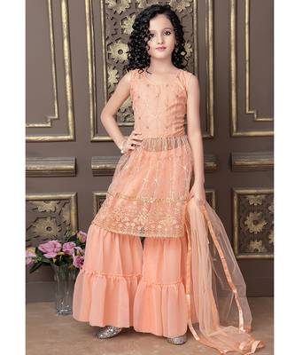 Wedding Designer Peach Pure Finest Soft Net Sharara suit 1