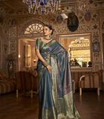 Teal woven silk saree with blouse