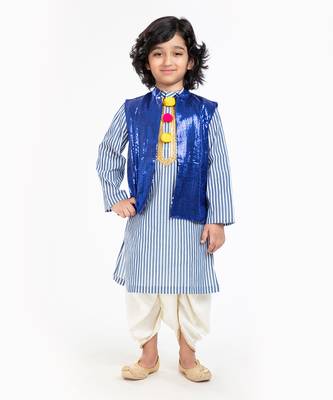 Pure Cotton Kurta With Sequin Waist Coat And Ivory Dhoti Set 1
