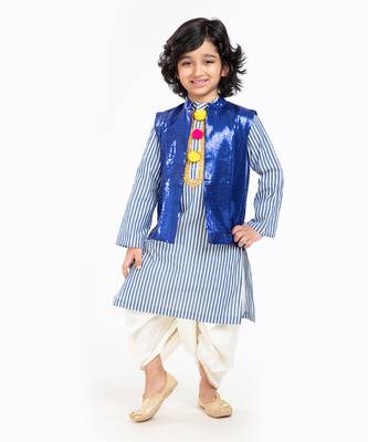 Pure Cotton Kurta With Sequin Waist Coat And Ivory Dhoti Set 2