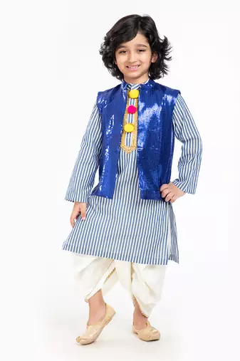 Pure Cotton Kurta With Sequin Waist Coat And Ivory Dhoti Set