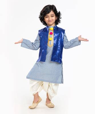 Pure Cotton Kurta With Sequin Waist Coat And Ivory Dhoti Set 3