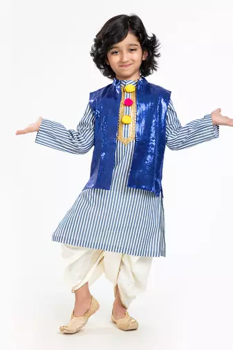 Pure Cotton Kurta With Sequin Waist Coat And Ivory Dhoti Set