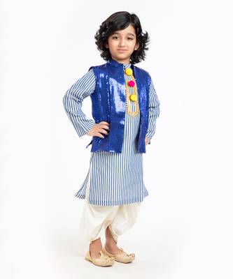 Pure Cotton Kurta With Sequin Waist Coat And Ivory Dhoti Set 4