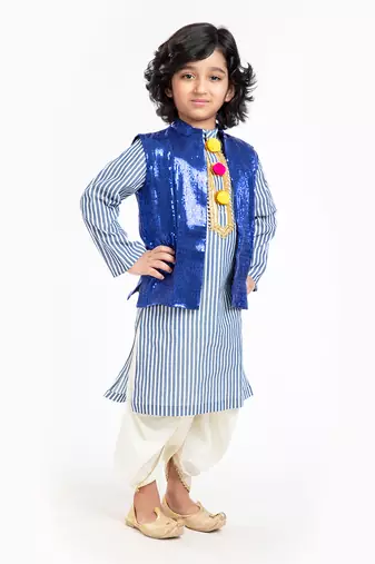 Pure Cotton Kurta With Sequin Waist Coat And Ivory Dhoti Set