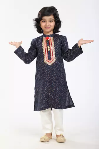 Linen Kurta Set, Embellishment With Pompom Along With Ivory  Pyjama