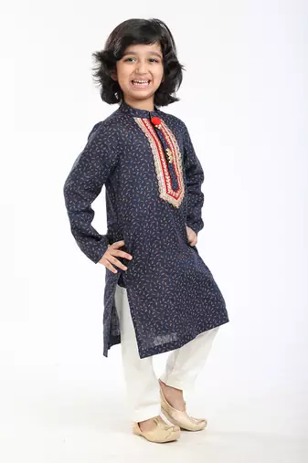 Linen Kurta Set, Embellishment With Pompom Along With Ivory  Pyjama