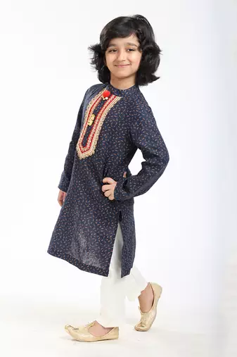 Linen Kurta Set, Embellishment With Pompom Along With Ivory  Pyjama