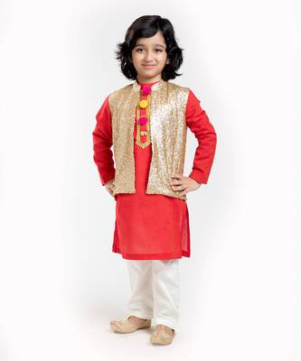 3 Pcs Linen  Kurta Set  With Gold Sequin Vest Coat And Pyjama 1