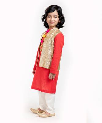 3 Pcs Linen  Kurta Set  With Gold Sequin Vest Coat And Pyjama 2
